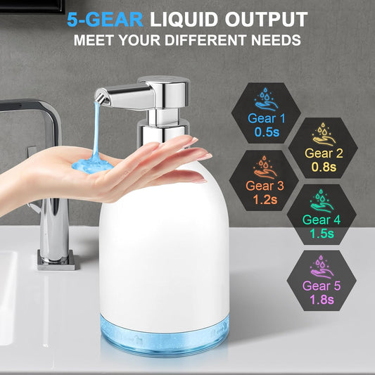 Automatic Soap Dispenser Liquid Touchless: 11Oz Plastic - 5 Level Adjustable White Rechargeable Electric Auto Smart Soap Dispenser - Bathroom Kitchen Hand Dish Lotion