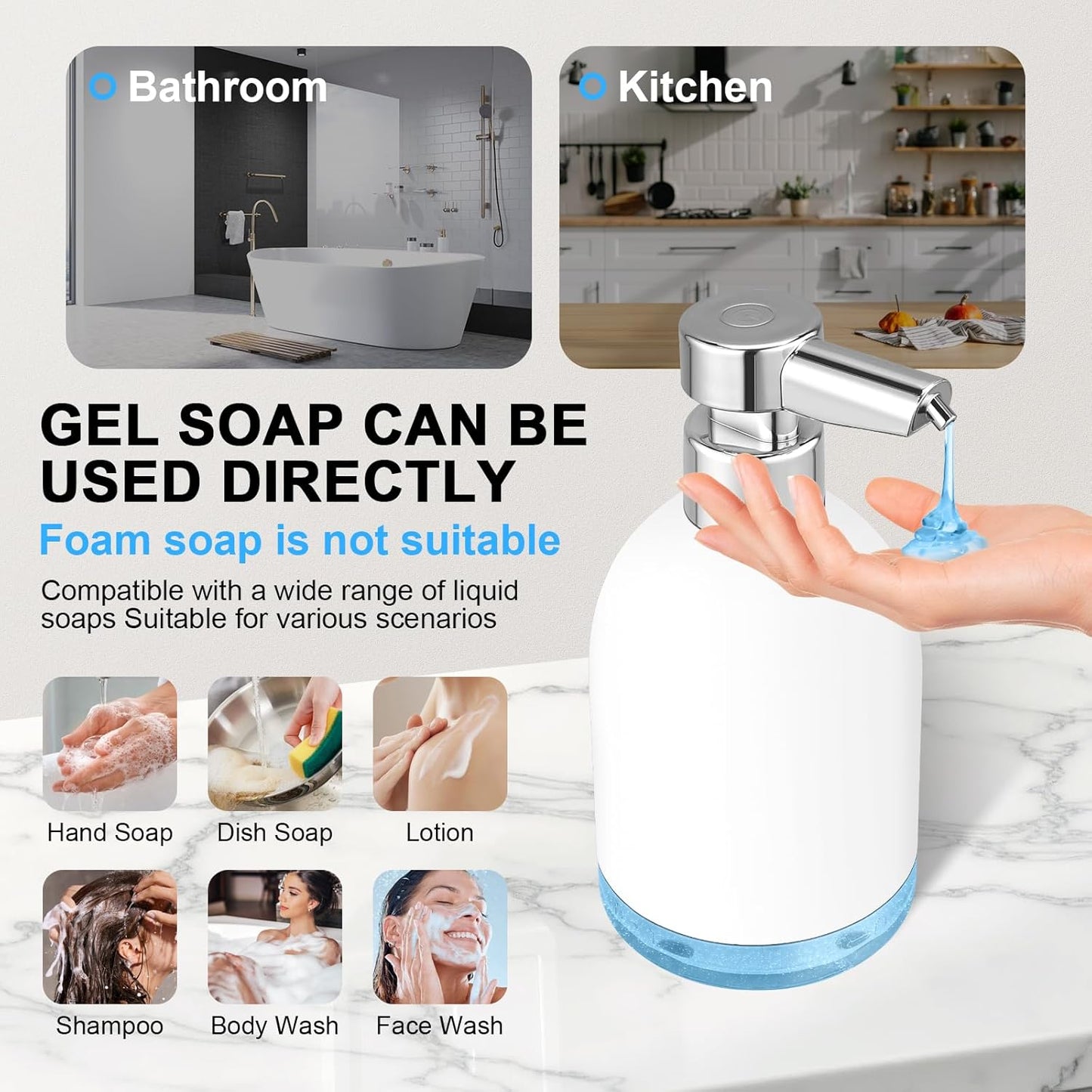 Automatic Soap Dispenser Liquid Touchless: 11Oz Plastic - 5 Level Adjustable White Rechargeable Electric Auto Smart Soap Dispenser - Bathroom Kitchen Hand Dish Lotion