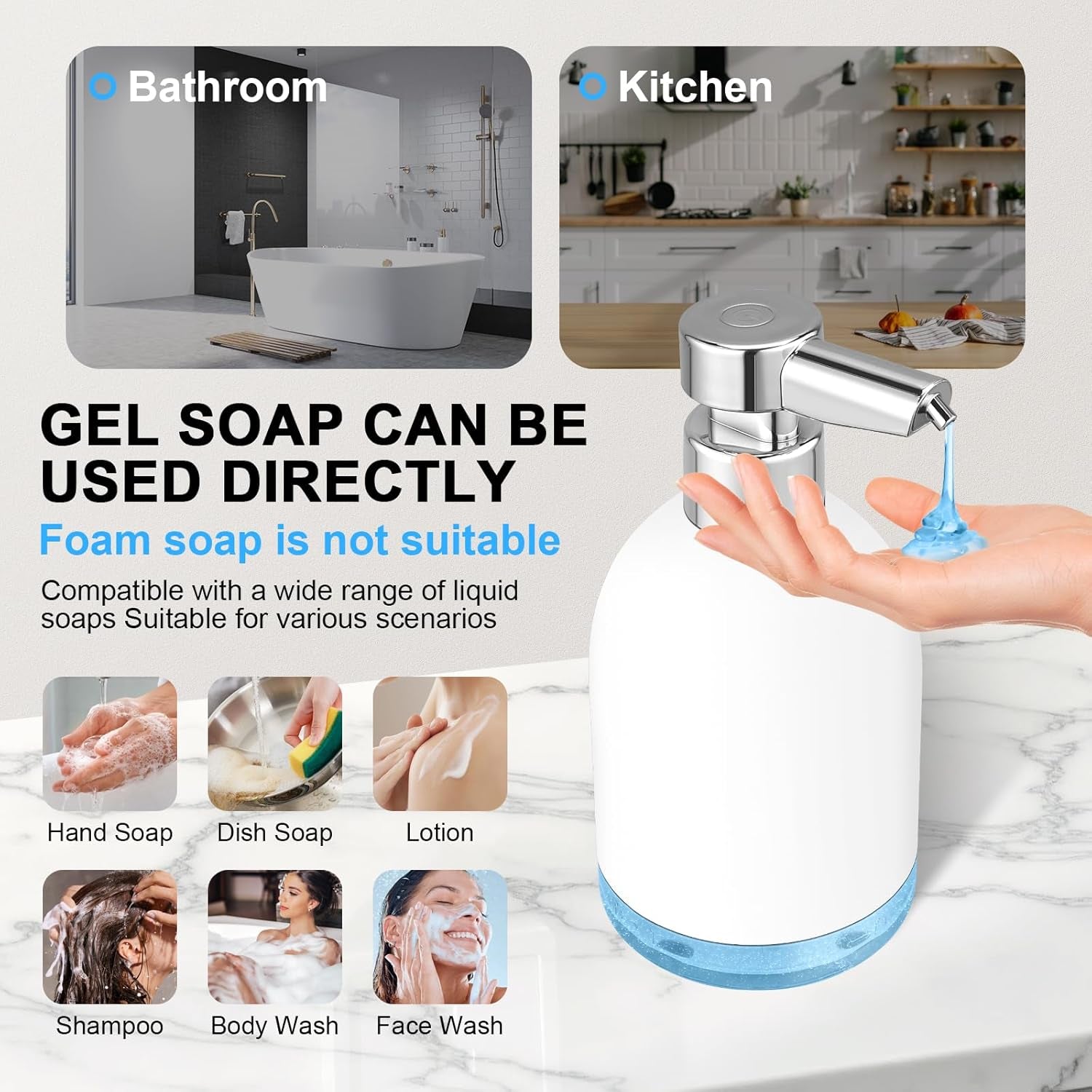 Automatic Soap Dispenser Liquid Touchless: 11Oz Plastic - 5 Level Adjustable White Rechargeable Electric Auto Smart Soap Dispenser - Bathroom Kitchen Hand Dish Lotion