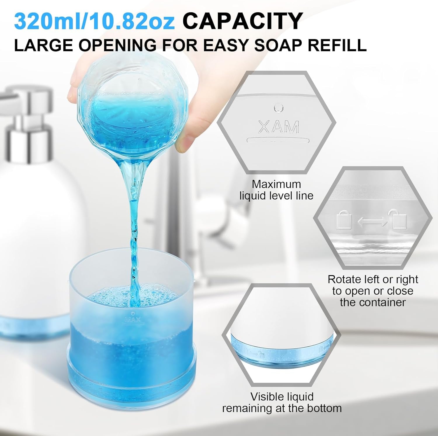 Automatic Soap Dispenser Liquid Touchless: 11Oz Plastic - 5 Level Adjustable White Rechargeable Electric Auto Smart Soap Dispenser - Bathroom Kitchen Hand Dish Lotion