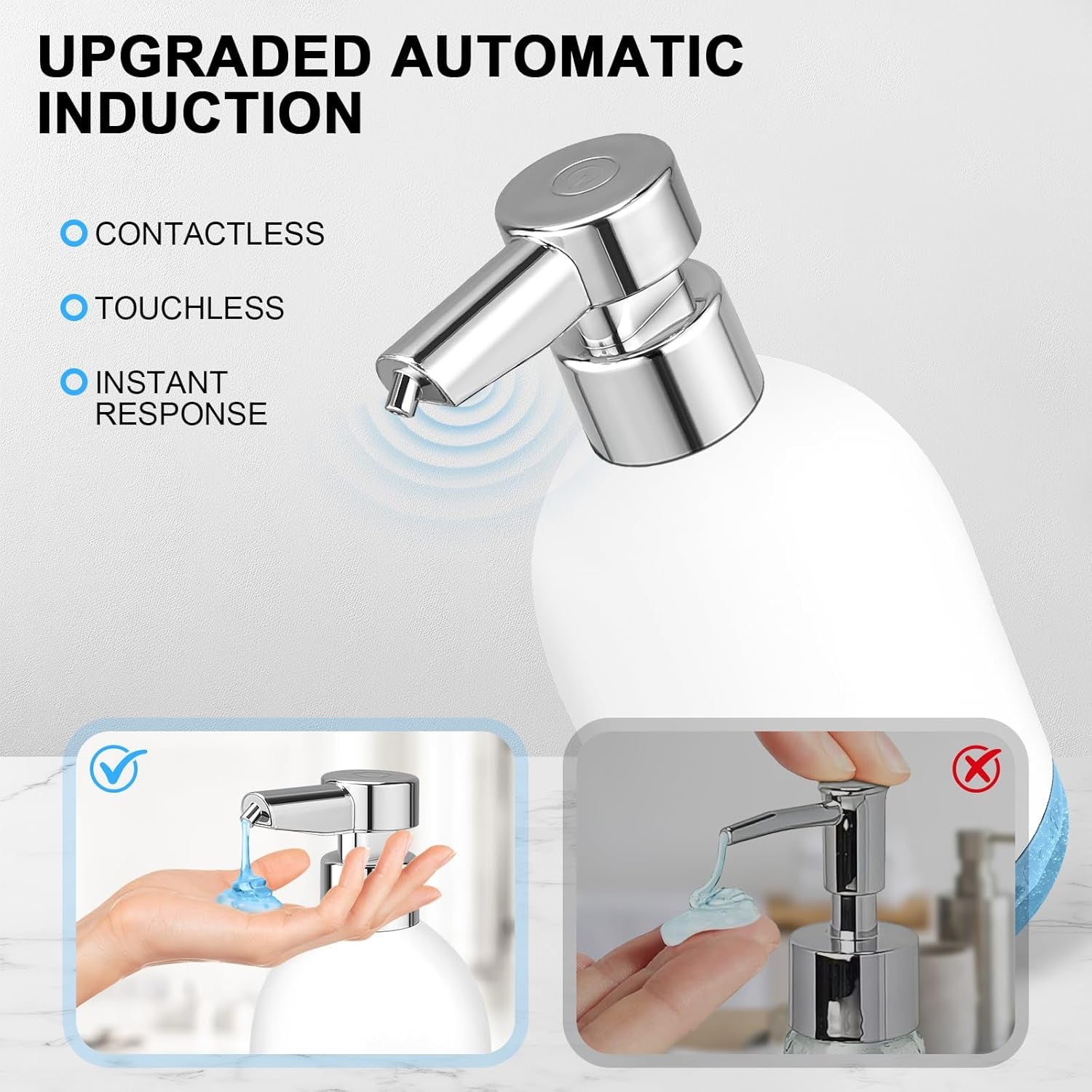 Automatic Soap Dispenser Liquid Touchless: 11Oz Plastic - 5 Level Adjustable White Rechargeable Electric Auto Smart Soap Dispenser - Bathroom Kitchen Hand Dish Lotion